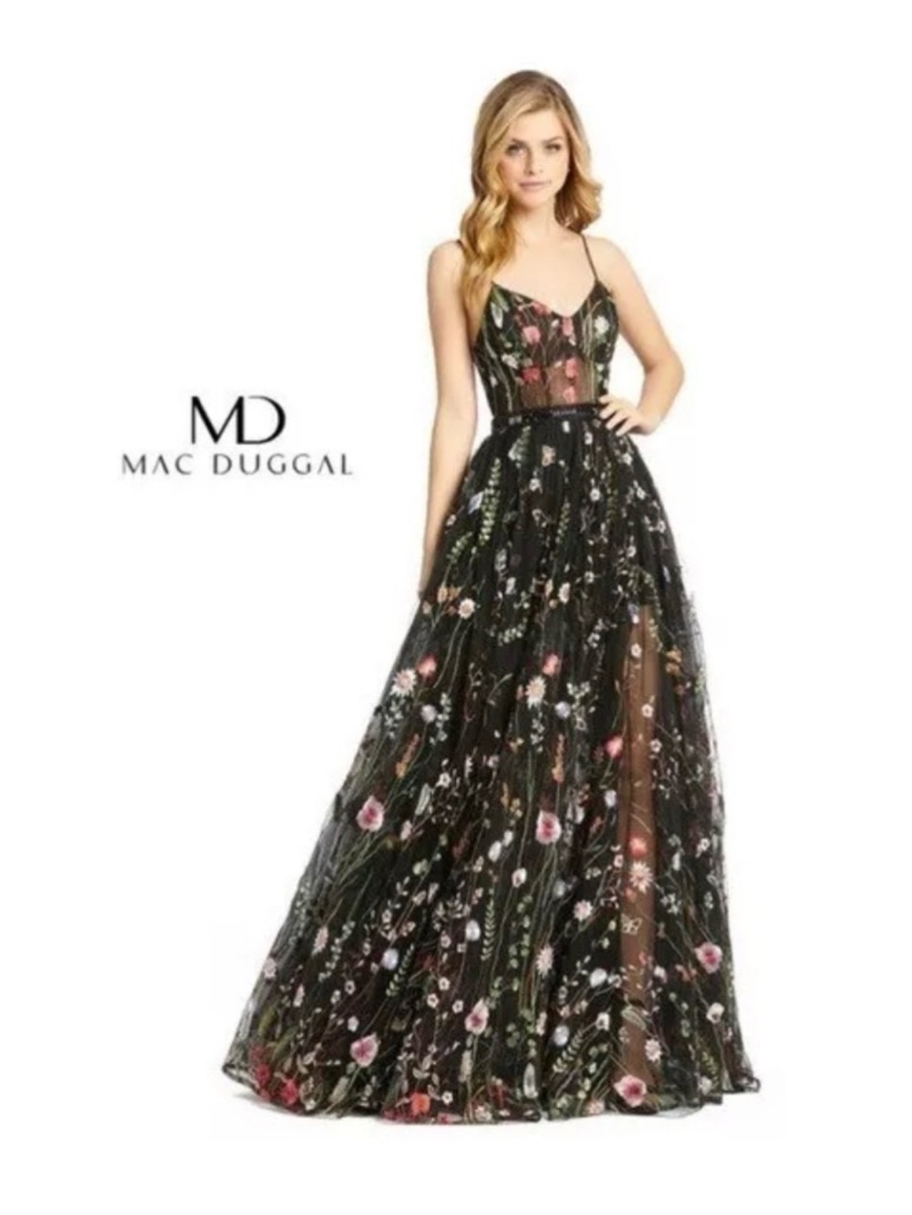 Mac Duggal Black Floral-Embroidered Sweetheart Sleeveless Bustier Gown 16 - Picture 2 of 10